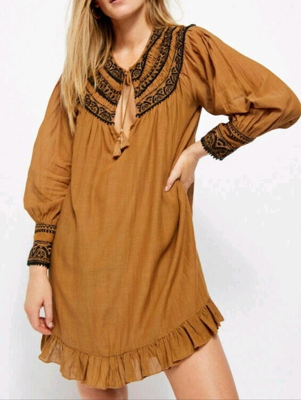 NWT Free People Anthropologie Erin Embroidered Bronze Keyhole Mini Dress Size M